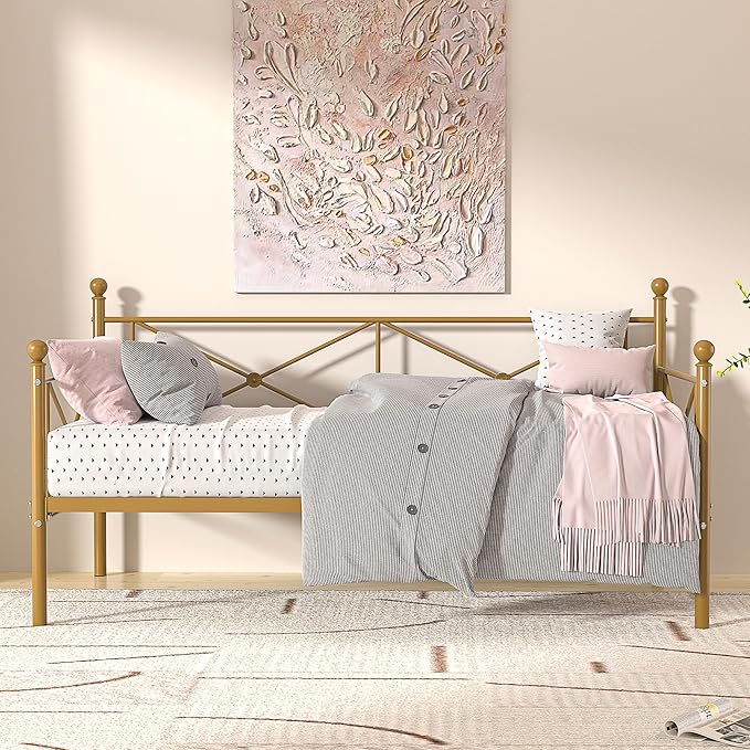 VECELO Daybed Twin Size, Day Bed Frame with Headboard, Heavy-Duty Metal Slats Support Platform for Living Room, Guest Room, Easy Assembly, Gold