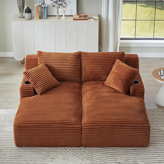 Eafurn Oversized Double Chaise Lounge Indoor with Cup Holders & Side Pocket, 71" Plush Corduroy Boneless Chaise Lounge Sofa with High Density Sponge & Deep High Seat Comfy Sleeper Couch Bed | Breathable material, No Assembly, 52" Deep Seat, 19.7" High ...