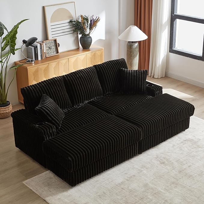 Corduroy Upholstered Modular Sectional Sofa Cloud Couch with Movable Ottoman, 84" Oversized Loveseat Convertible Sleeper Sofabed with 3 Cushion Backrest and Throw Pillows