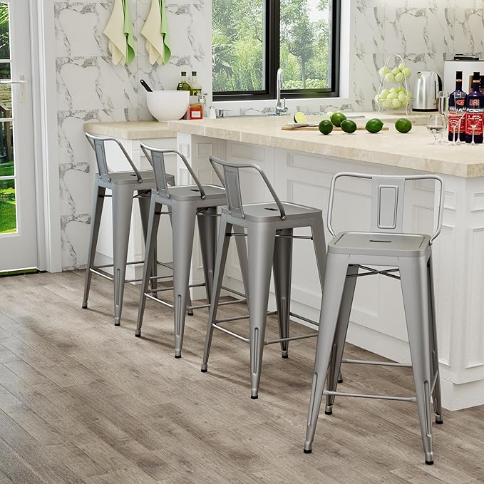 Tongli Metal Bar Stools Set of 4 Barstools Counter Height Bar Stools with Back Industrial Bar Stool Indoor Counter Stool Kitchen Island Stools Modern Bar Chair 26inch Silver