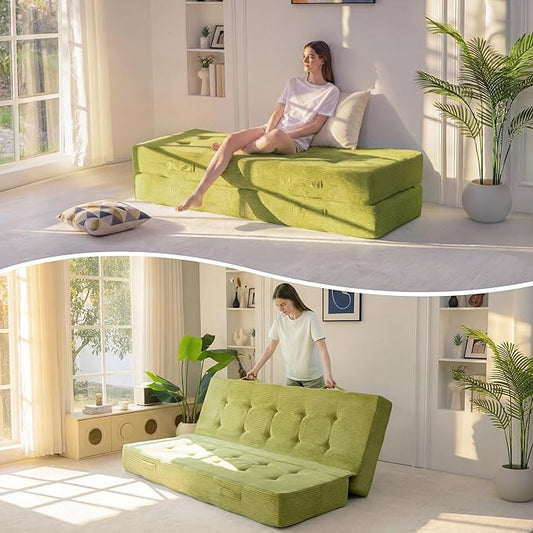MAXYOYO 8" Foldable Floor Sofa Bed, Tufted Foldable Couch Bed Thick Folding Mattress with Handles, Versatile Folding Sofa Couch for Floor Sleeping, Living Room & Guest Room, Green