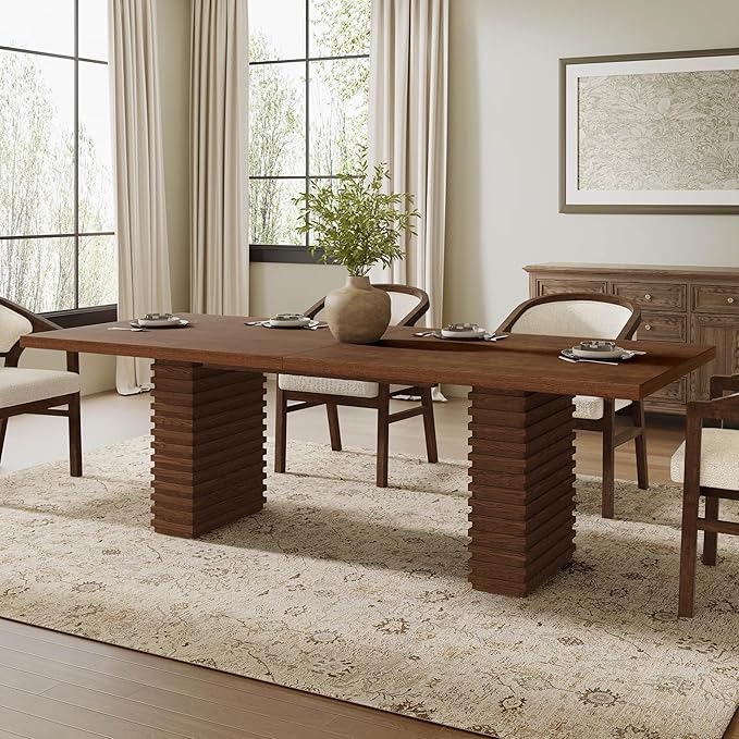 Christopher Knight Home Kaiya Modern Minimalist Wood Dining Table for 6-10 People, Rectangular Dining Room Table, Pedestal Kitchen Table, Ideal for Restaurant/Family Gatherings, Walnut Brown