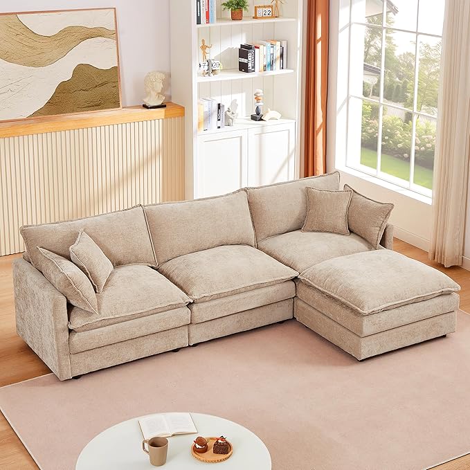 Eafurn Oversized Reversible Modular Sectional Sofa with Movable Ottoman, 4 Seater Convertible L Shaped Corner Couch Modern Chenille Sofa Set w/Double Layers Seat Cushions for Living Room Apartment