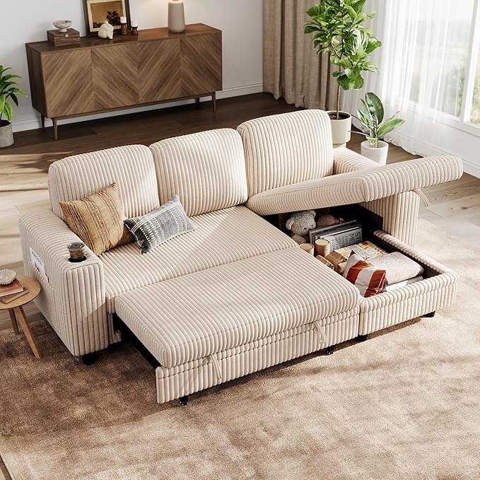 LINSY HOME Sectional Sleeper Sofa Pull Out Couches for Living Room (Beige, Sleeper Sofa 1) | Pull Out Sofa Bed, Storage, USB Charging, Cup Holders, Plush Corduroy | Pull Out Sofa Bed, Storage, USB Charging, Cup Holders, Plush Corduroy, Convertible Sofa...