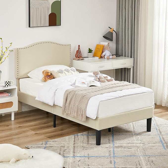 VECELO Twin Bed Frame, Platform Bed Frame with Adjustable Height Upholstered Headboard, Heavy-Duty Frame and Strong Wooden Slats Support, Non-Slip and Noise-Free, Easy Assembly, Beige