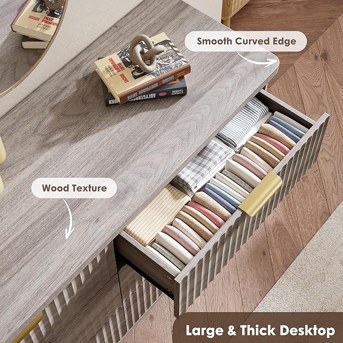 Garvee 6 Drawers Dresser for Bedroom, 47.2" Wide Dressers with Curved Profile Design, Fluted Wood Drawers with Gold Handle, Modern Chest of Dressers with Thickened Design for Living Room, Grey