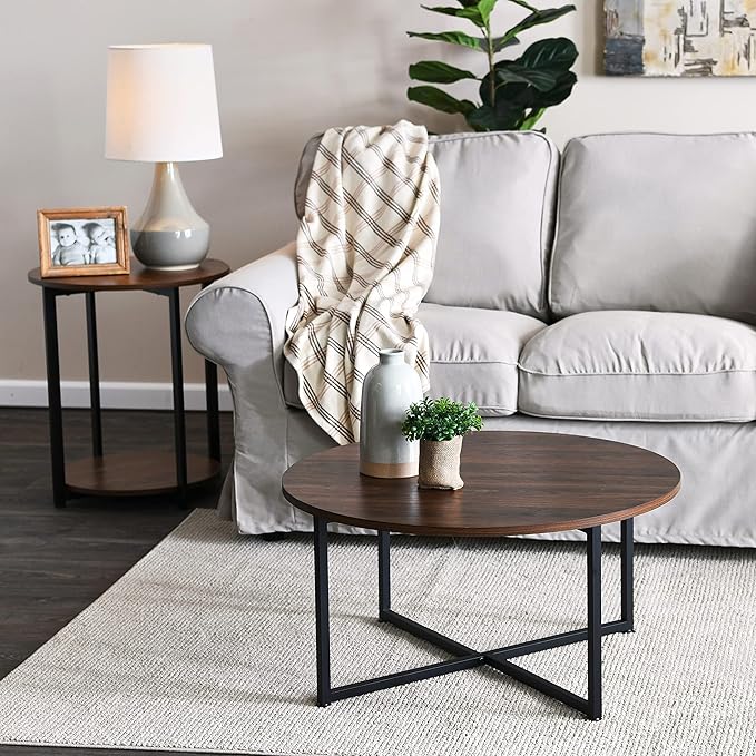 Household Essentials Jamestown Round Side End Table with Storage Shelf Mid Century Walnut Wood Grain and Black Metal