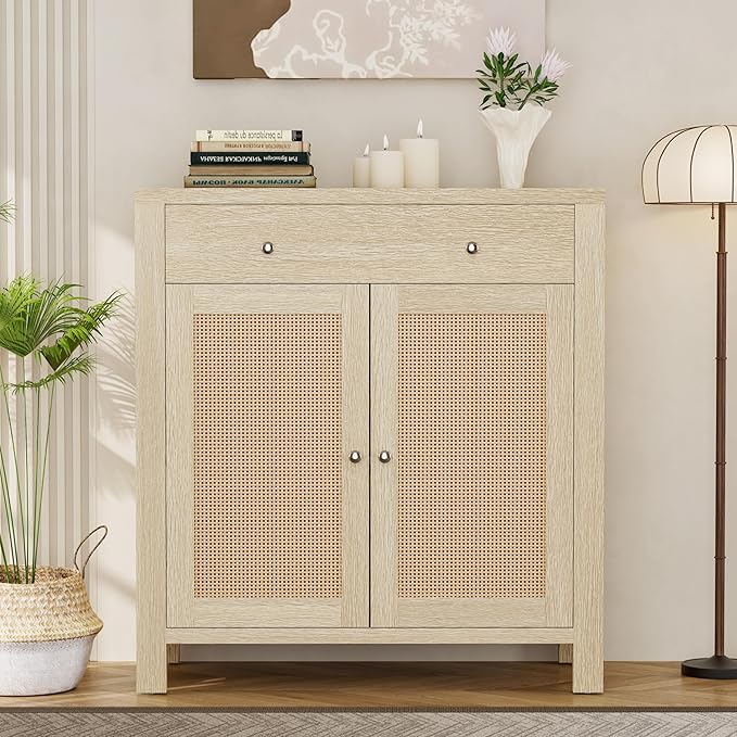 31" Sideboard Buffet Cabinet, Farmhouse Buffet Cabinet with Storage, Rattan Doors Cabinet, Multi-Functional Storage Cabinet Console Coffee Bar Cabinets for Entryway Living Room