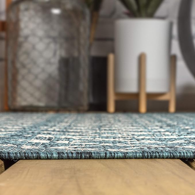 JONATHAN Y Moroccan Geometric Indoor Outdoor Round Area Rug 3 Ft Teal/Gray, Ourika Textured Weave for Backyard, Patio, Porch, Easy-Cleaning, High Traffic, Pet-Friendly, Non-Shedding (SMB108C-3R)