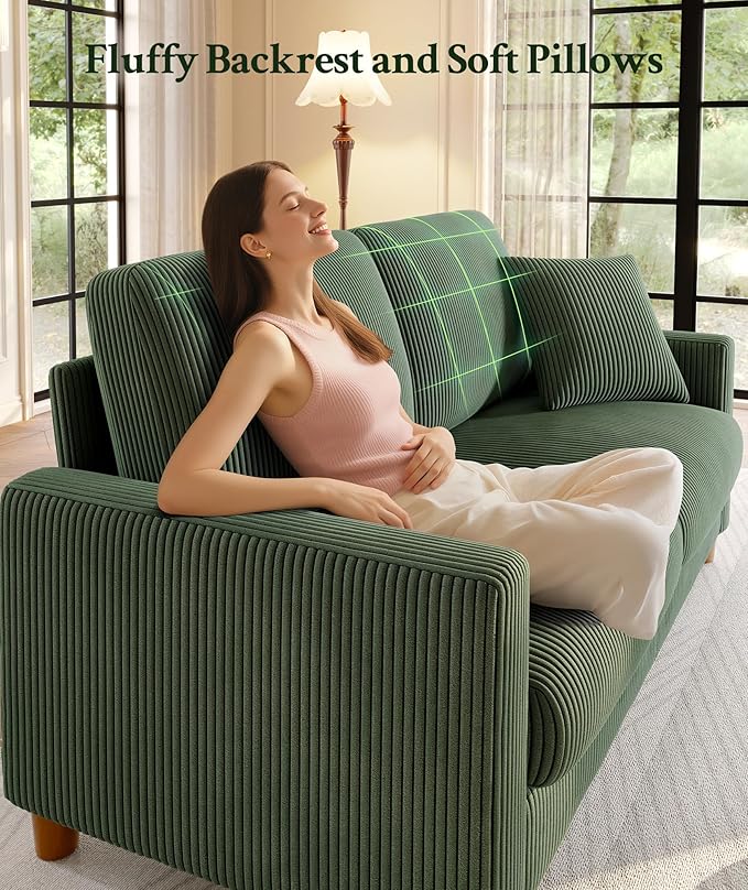Welzona 70.2" Couches for Living Room, Comfy L Shaped Couch Green 7.1" Thicker Cushion, Sofas for Living Room Tool-Free Setup, Loveseat with Ottoman 705lbs Support, Corduroy Couch for Bedroom, Office