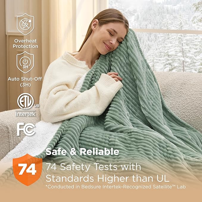 Bedsure GentleSoft Heated Blanket Throw - Soft Ribbed Flannel Electric Blanket, Heating with 4 Time Settings, 6 Heat Settings, and 3 hrs Timer Auto Shut Off, Gifts for Grandma (50x60 inches, Green)