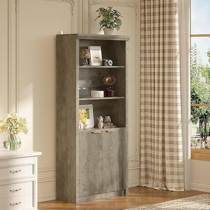 Garvee Tall Book Shelf and Bookcase, Wooden Bookcase with Doors, Modern Book Case with Large Storage Cabinet, 5-Shelf Bookcases with Adjustable top Shelve for Home Office, Living Room, 2 Set Grey