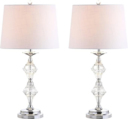 JONATHAN Y 27.5" Clear Crystal Table Lamp Set of 2 for Living Room Bedroom, Glam Traditional Chrome Nightstand Lamps, White Linen Drum Shade, LED Bulbs Included JYL2037A-SET2
