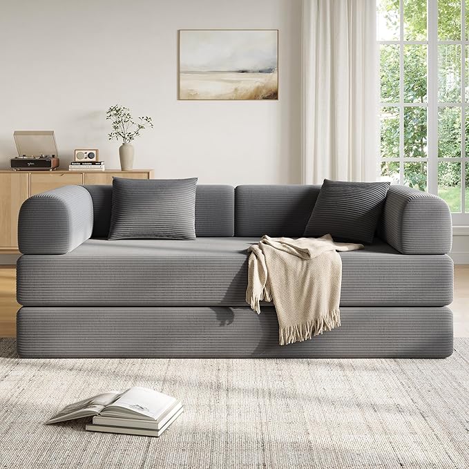 79in Convertible Sofa Bed, Corduroy Boneless Couch Bed, Futon Sleeper Sofa Pull Out Bed, Foldable Couch for Living Room Apartment, No Assembly Required