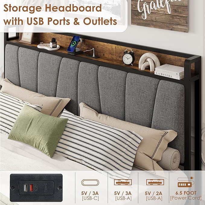 GAOMON King Size Bed Frame with 2 Storage Drawers and Charging Station, Rustic Linen Upholstered Platform Bedframe with Storage Headboard, No Box Spring Needed, Easy Assembly, Noise Free, Grey