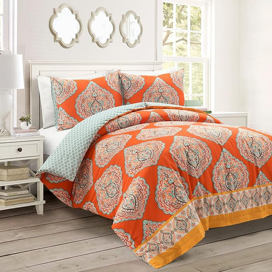 Lush Decor Harley Reversible Cotton Duvet Cover King Size 3 Piece Set Tangerine - Boho Bedding Set King Duvet Covers - Orange Boho Bedroom Decor