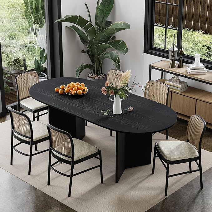 Casaphoria 67" Dining Table for 6, Wood Kitchen Table with Scratch-Resistant Top & V-Shaped Base, Modern Farmhouse Oval Dining Table for Living Room, Kitchen, Easy Assembly, Black