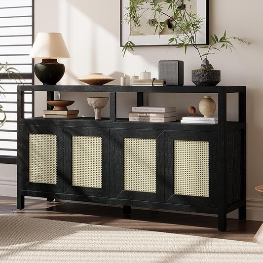 Ball & Cast 60" Rattan Buffet Sideboard Cabinet with Storage, Modern Boho Coffee Bar w/Push-to-Open Doors & Adjustable Shelves, Wood Console Cabinet for Kitchen,Livingroom & Dining Room, Black