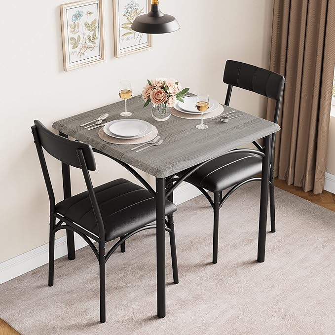 3-Piece Dining Table Set for 2, Kitchen Table Set with 2 Upholstered Chairs, Square Dining Table Set for Apartment, Studio, Small Space, Gray