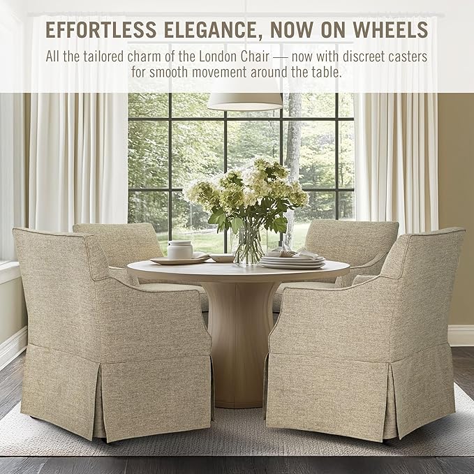 Martha Stewart London Dining Chair - Solid Wood & Plywood, Skirted Metal Base Accent Armchair, Lumbar Pillow -Modern Classic Family Dining Room Furniture 25" W x 26" D x 34" H, Beige