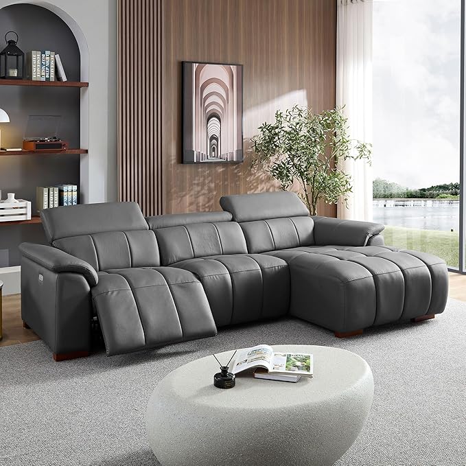 KEIKI 113" L-Shaped Genuine Leather Wall-Hugger Reclining Sofa with Right Chaise, Adjustable Backrest & Footrest, Modern Electric Control 3-Seater Couch with USB, for Living Room, Dark Grey