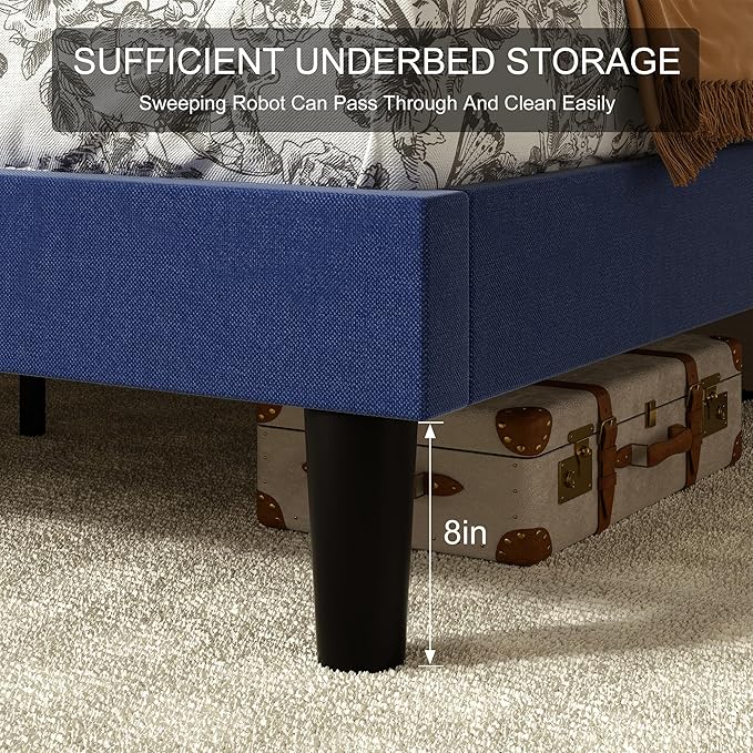 VECELO Twin Size Upholstered Platform Bed Frame with Adjustable Headboard, Wood Slat Support and Noise-Free, No Box Spring Needed, Easy Assembly, Blue