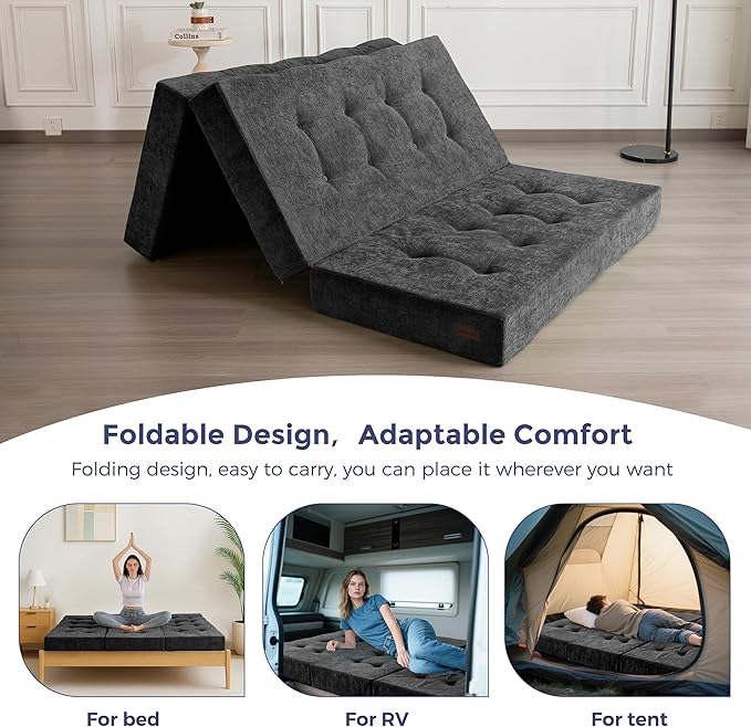 MAXYOYO Tri-Fold Mattress, 6 Inch Tufted Folding Mattress with Chenille Fabric, Portable Twin Size Floor Guest Mat for Adults, Foldable Topper for Camping, Dark Grey, 35.4"x75"