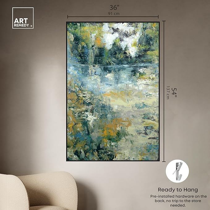 Art Remedy Green Moss Monet Garden Green Abstract Canvas Wall Art, Black Floater Frame, 36"x54"
