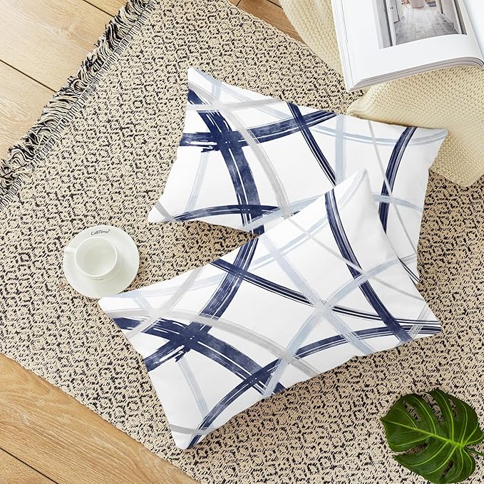 CaliTime Throw Pillow Cases Pack of 2 Cozy Fleece Arc-Shaped Abstract Geometric Lines Decorative Cushion Covers for Couch Bed Sofa Farmhouse Decoration 12 X 20 Inches Navy Baby Blue Grey