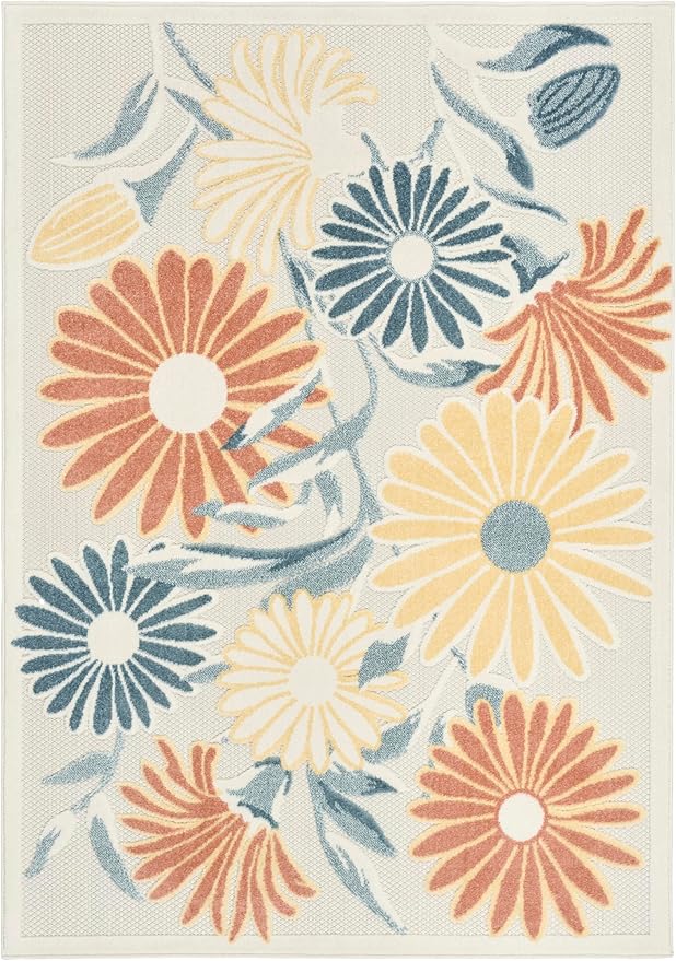 Nourison Home Aloha Ivory Rose 3'6" x 5'6" Area Rug - Easy Clean, Non Shedding, Bed Room, Living Room, Dining Room, Kitchen (4' x 6')