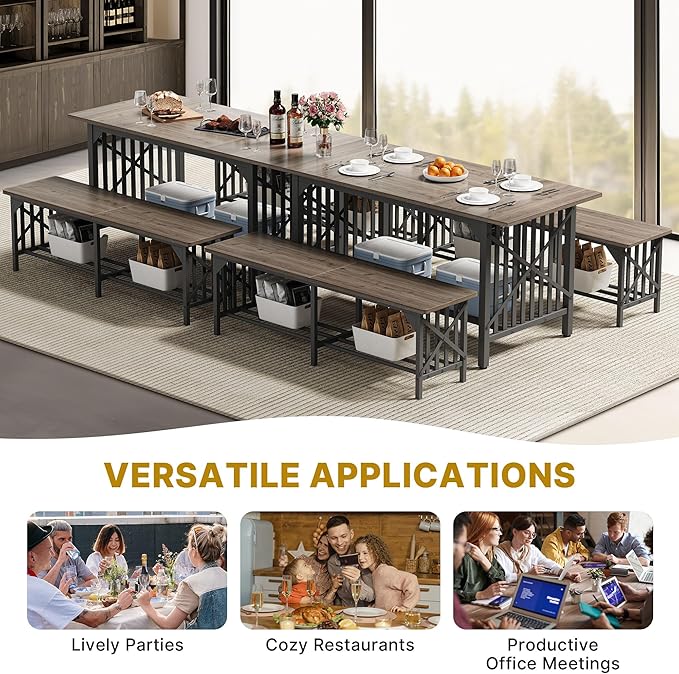 DWVO 3-Piece Dining Table Set for 4-6 People with 2 Benches, 63" Dining Room Table, Industrial Rectangular Dining Room Table Set with Storage for Kitchen, Dining Room, Grey