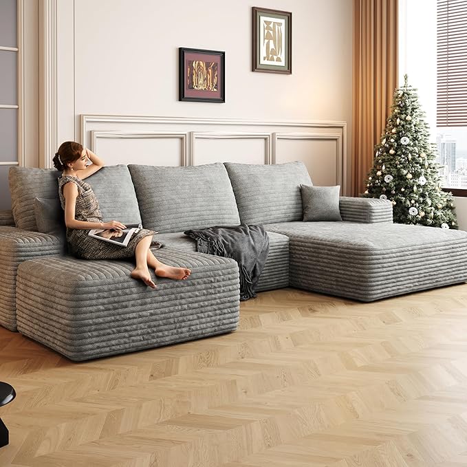 107" U Shaped Corduroy Couch with Ottoman, Compression Boneless Sofa, Deep Seat Cloud Modular Couch, Comfy Sectional Couches for Living Room Bedroom, No Assembly, Right Facing Chaise, Grey