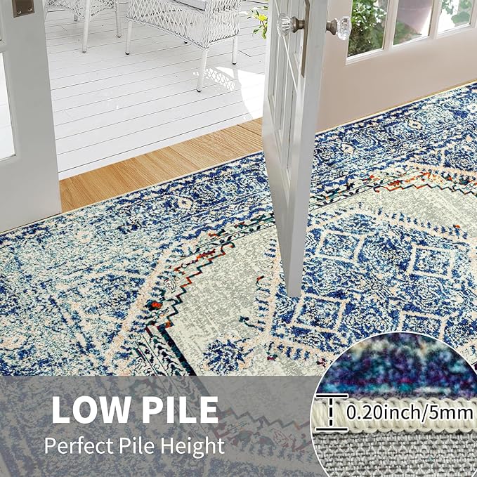 Easy-Going Area Rug 5x7 Washable Boho Rugs for Living Room Non-Slip Bedroom Rug Low Pile Lightweight Medallion Distressed Throw Rug for Dining Room Kitchen Home Office Carpet, Vintage Blue Cream