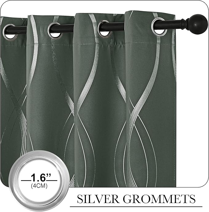NICETOWN Blackout Curtains 84 inch Length 2 Panels Set, Dark Mallard, 52" x 84", Noise Reducing Thermal Insulated Wave Line Foil Print Design Blackout Curtains for Hall Closet Villa Door