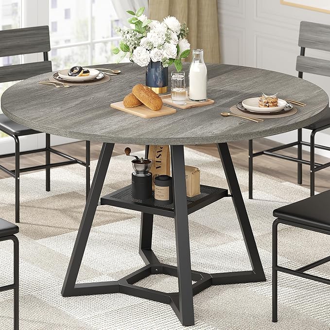 Round Dining Table for 4, Kitchen Tables Dining Room Circle Dinner Table with Pedestal Metal Frame, Space Saving Wood Industrial Kitchen & Dining Room Tables, Grey 47In