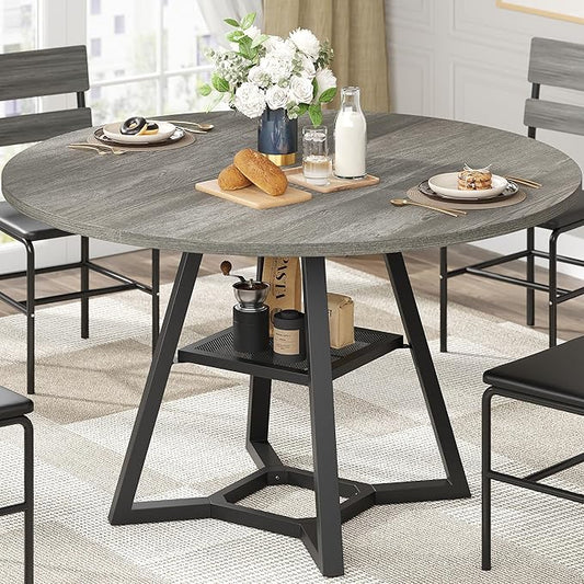 Round Dining Table for 4, Kitchen Tables Dining Room Circle Dinner Table with Pedestal Metal Frame, Space Saving Wood Industrial Kitchen & Dining Room Tables, Grey 47In