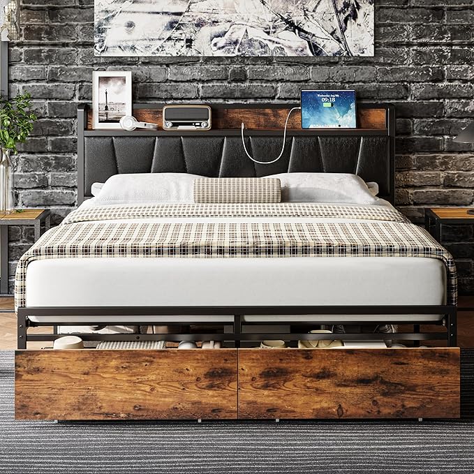 LIKIMIO Full Size Bed Frame, Storage Headboard with Charging Station, Platform Bed with Drawers, No Box Spring Needed, Easy Assembly, Vintage Brown and Black