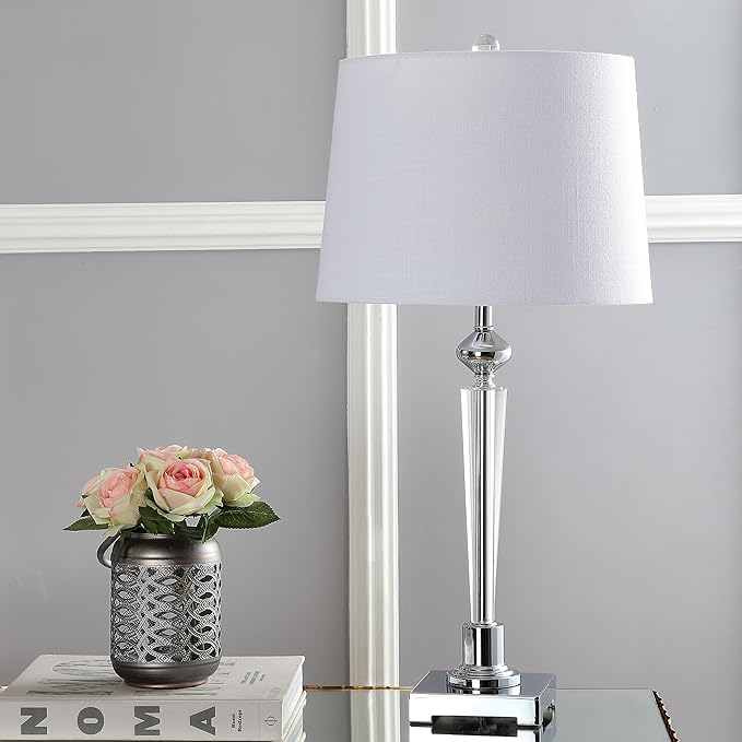 JONATHAN Y 28.25" Clear Crystal Table Lamp, Chrome Candlestick Base with White Linen Drum Shade, Traditional French Country Lamp for Living Room, LED Bulb Included JYL2051A