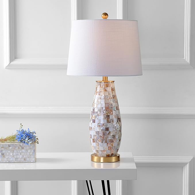 JONATHAN Y 28" Natural Mosaic Seashell Table Lamp, Coastal Contemporary Resin Lamp for Living Room Bedroom, White Linen Shade, Brass Gold Accents, LED Bulb Included JYL4005A