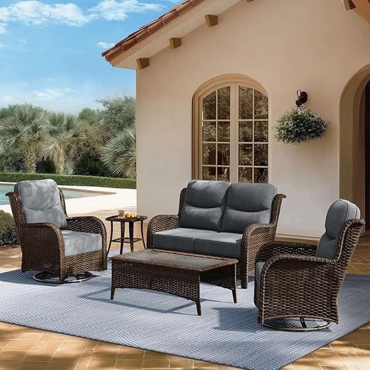 High Back Outdoor Furniture with Extra Thick Cushion Patio Swivel Rocking Chairs, Comfort Loveseat, 5PCS Oversized Wicker Conversation Set for Porch, Deck, Yard in Dark Gray