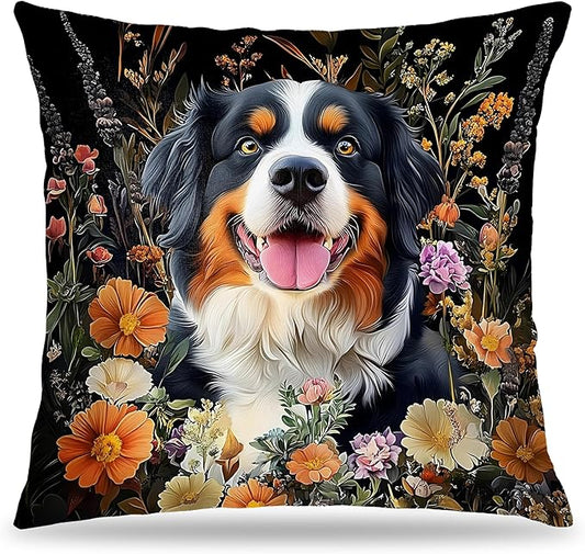 William Morris Inspired-Vintage Floral Bernese Mountain Dog Pillow Covers 18x18, Dog Lover Mom Gifts, Moody Dark Cottagecore Botanical Dogs Decorative Pillow Covers for Home Living Room Bedroom