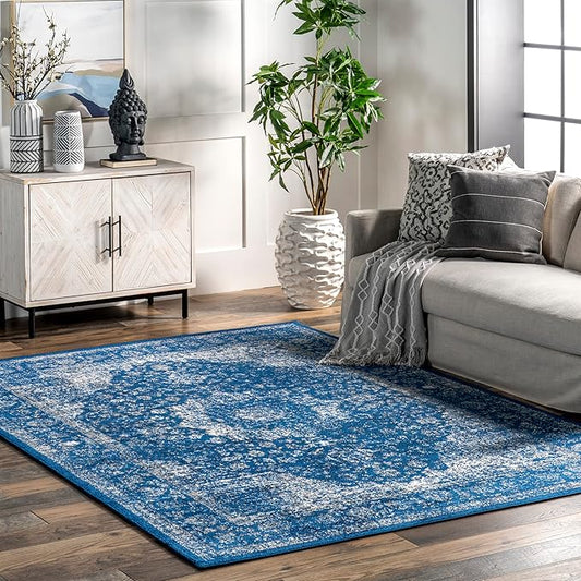 Nuloom Verona Dark Blue/White, 9'10" x 14', Vintage Medallion, Soft and Cozy, High Traffic, Stain Resistant, Easy Clean, Durable Area Rug for Bedroom, Living Room, Dining Space, Den, Foyer, Entryway