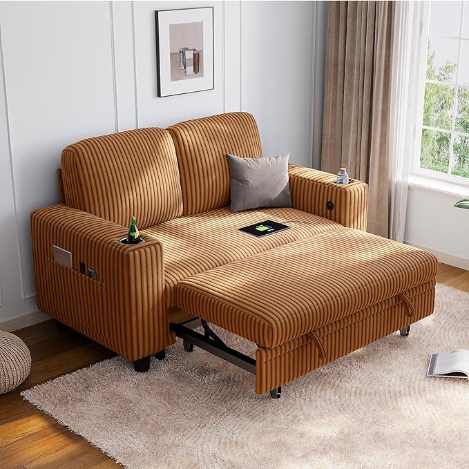 LINSY HOME Sectional Sleeper Sofa Pull Out Couches for Living Room (Brown, Pull Out Couch) | Pull Out Sofa Bed, Storage, USB Charging, Cup Holders, Plush Corduroy | Pull Out Sofa Bed, Storage, USB Charging, Cup Holders, Plush Corduroy