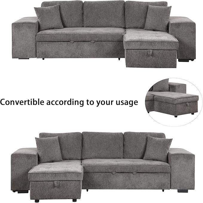 Merax Pull Out Sleeper Sofa with Storage Chaise and 2 Stools for Living Room, Modern L-Shape 3 Seat Reversible Sectional Couch