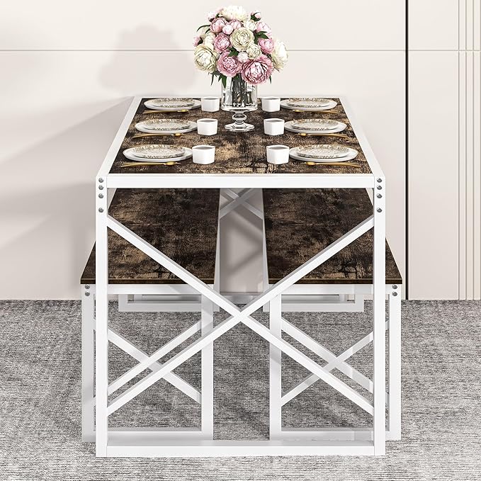 VECELO 55" Kitchen Dining Table Set for 4-6, Wood Dinette 2 Benches with Metal Frame for Dinner Breakfast Nook and Small Space, Dark Brown