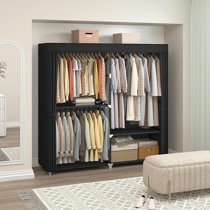 62.5" Closet Wardrobe, Portable Closet for Bedroom, Freestanding Clothes Rack with Non-Woven Fabric Cover, 3 Hanging Rods, 4 Storage Shelves, Clothes Storage Organizer, Black