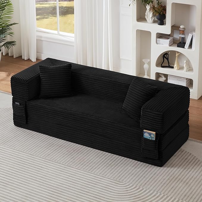 Ball & Cast Modern Upholstered Sofa with 2 Pillows,Boneless Corduroy Couch W/Deep Seat,Convertible Folding Sleeper Sofa Bed for Living Room,Bedroom,Apartment,No Assembly,Black,78"