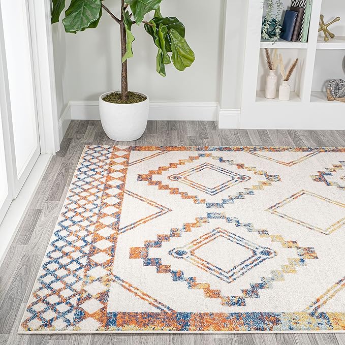JONATHAN Y Amir Moroccan Beni Souk Ivory/Blue/Orange Indoor Area Rug, 8x10, Bohemian, Scandinavian, Easy-Cleaning for Living Room, Bedroom, Kitchen, Pet Friendly, Non-Shedding (MOH200E-8)