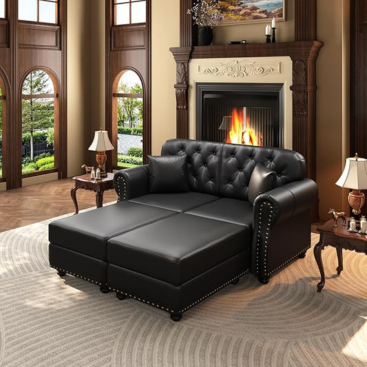 KEIKI 63" Faux Leather Chesterfield Sofa with Rolled Arms & Nailhead Trim & 2 Ottoman, 2-Seater Button Tufted Couch with High Resilience Cushion & 2 Pillow, Easy Assembly, for Living Room, Black