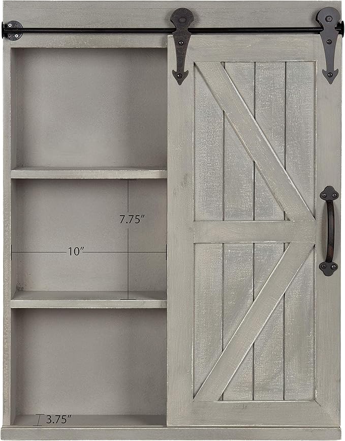 Kate and Laurel Cates Decorative Wood Wall Storage Cabinet with Rectangle Mirror and Sliding Barn Door, 22 x 28, Rustic Gray, Farmhouse Decor for Wall Storage